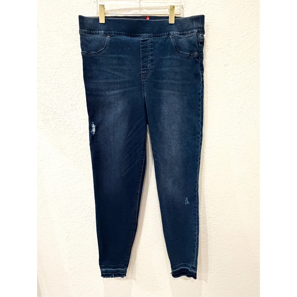 SPANX 2X Pull On Skinny Jeans Distressed Ankle Raw Hem High Rise Stretch Denim